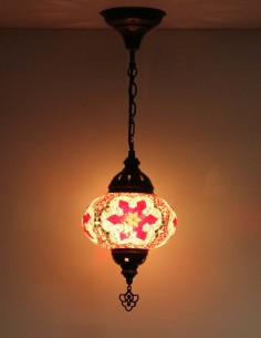 Turkish Mosaic Pendant Lamp with red stars on cream, 7.5 in