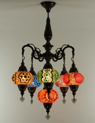 Turkish Chandelier, 6 Globes, Multicolor Mosaic