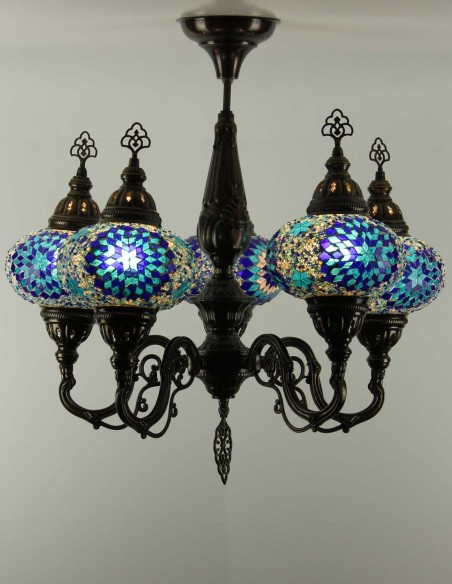 Turkish Chandelier, 5 Globes, Blue Mosaic