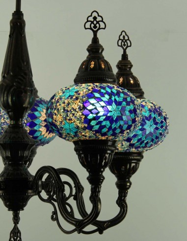 Turkish Chandelier, 5 Globes, Blue Mosaic