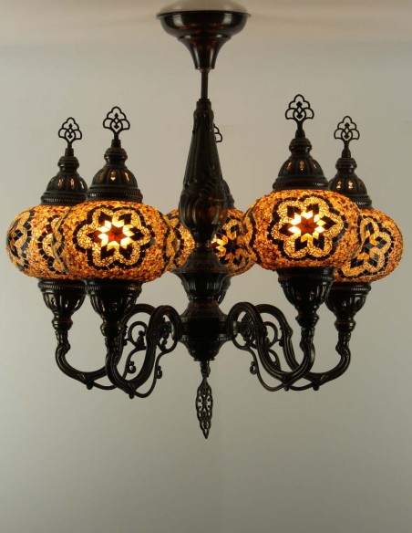 Turkish Chandelier, 5 Globes, Brown Mosaic