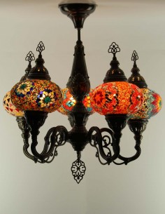 Turkish Mosaic Chandelier, 5 Globes in orange tones