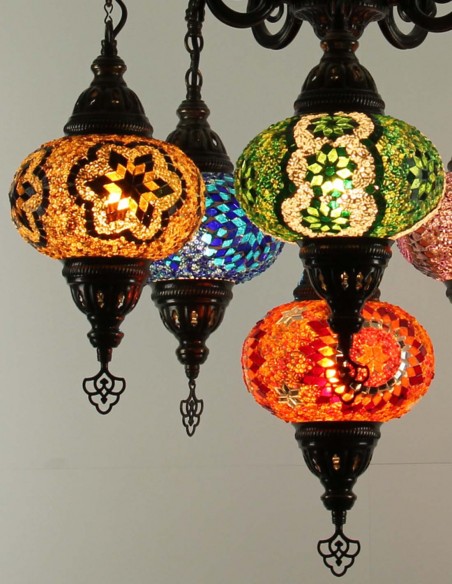 Lustre turc 6 globes en mosaïque multicolore