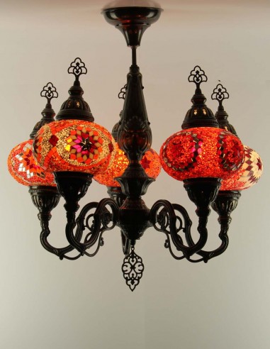 Lustre turc 5 globes en mosaïque aux tons rouges