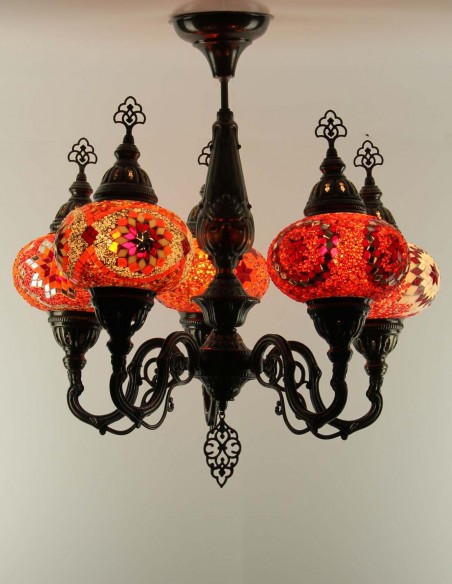 Lustre turc 5 globes en mosaïque aux tons rouges