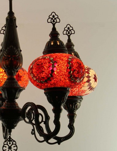 Lustre turc 5 globes en mosaïque aux tons rouges