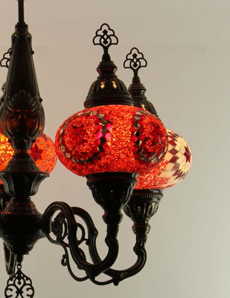 Lustre turc 5 globes en mosaïque aux tons rouges