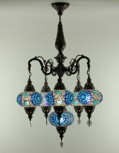 Turkish Chandelier, 6 Globes, Blue Mosaic
