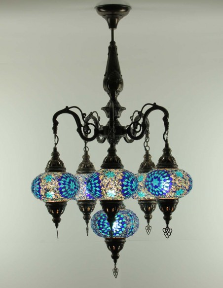Lustre turc 6 globes en mosaïque bleue