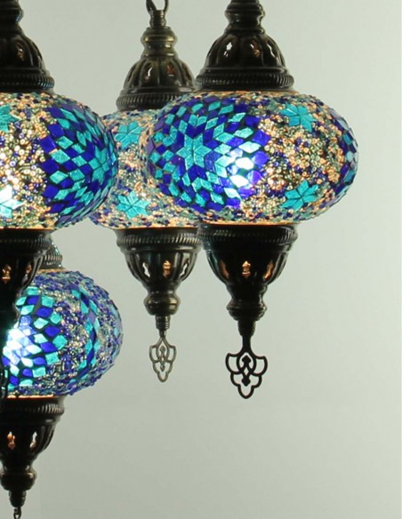 Turkish Chandelier, 6 Globes, Blue Mosaic