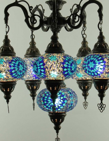Turkish Chandelier, 6 Globes, Blue Mosaic