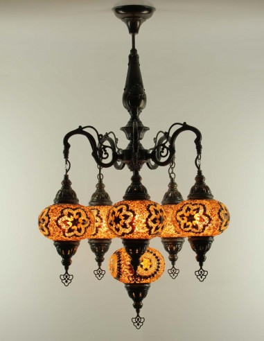 Lustre turc 6 globes en mosaïque brune