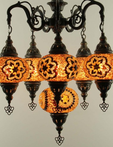 Turkish Chandelier, 6 Globes, Brown Mosaic