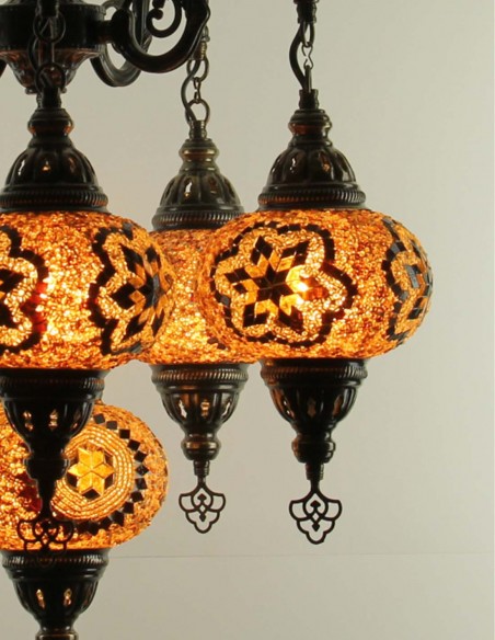 Turkish Chandelier, 6 Globes, Brown Mosaic