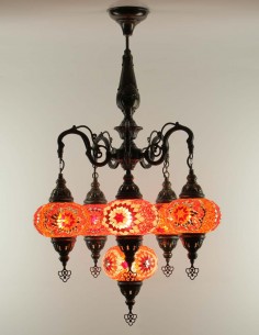 Turkish Chandelier, 6 Globes, Red Mosaic