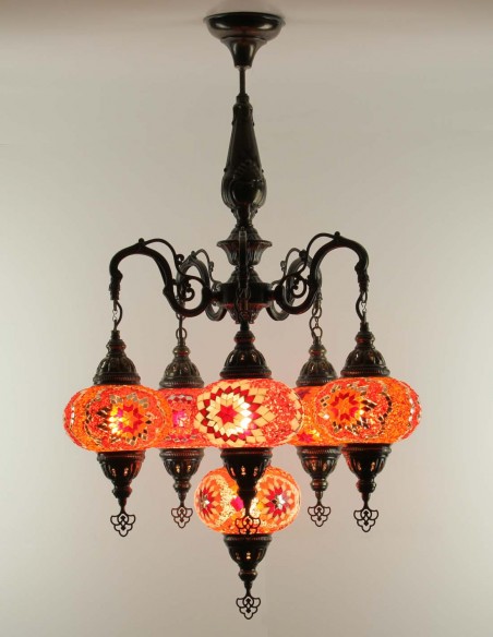 Lustre turc 6 globes en mosaïque rouge