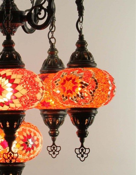 Turkish Chandelier, 6 Globes, Red Mosaic