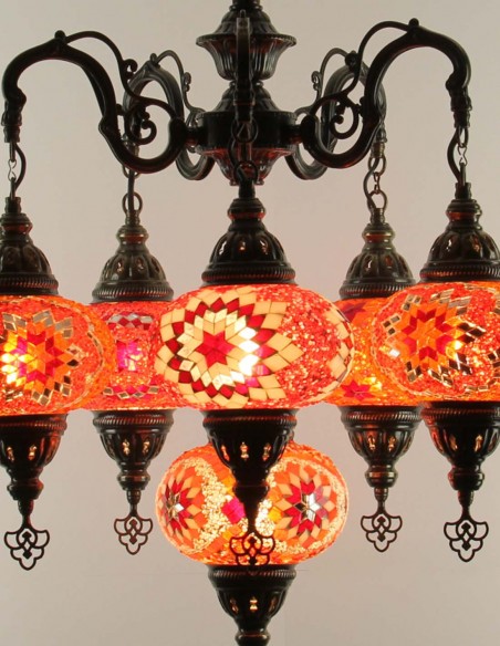 Turkish Chandelier, 6 Globes, Red Mosaic