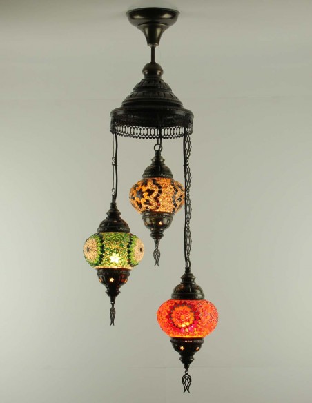 Turkish Spiral Chandelier, 3 Globes, green, amber and red