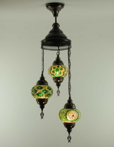 Lustre turc en spirale, 3 globes vert à étoiles...