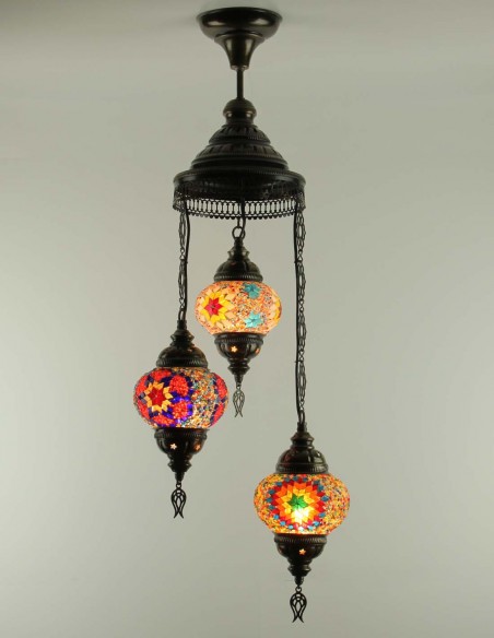 Turkish Spiral Chandelier, 3 Globes, purple, amber and orange