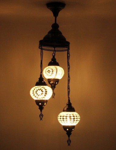 Lustre turc en spirale, 3 globes blanc