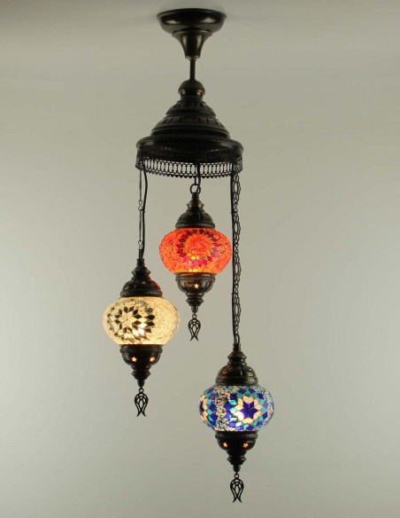 Turkish Spiral Chandelier, 3 Globes, red, cream and blue