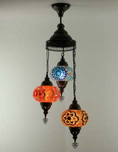 Lustre turc en spirale, 3 globes orange, bleu et brun