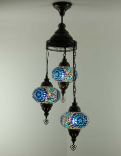 Turkish Spiral Chandelier, 3 Globes, blue and turquoise