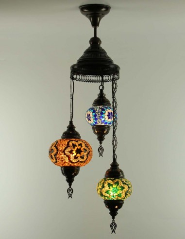 Lustre turc en spirale, 3 globes orange, bleu...