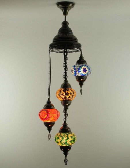 Turkish Spiral Chandelier, 4 Globes, red, amber, blue and green, Model A