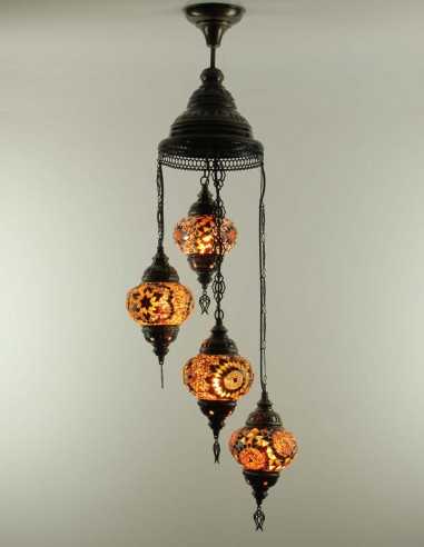 Lustre turc en spirale, 4 globes ambre et brun