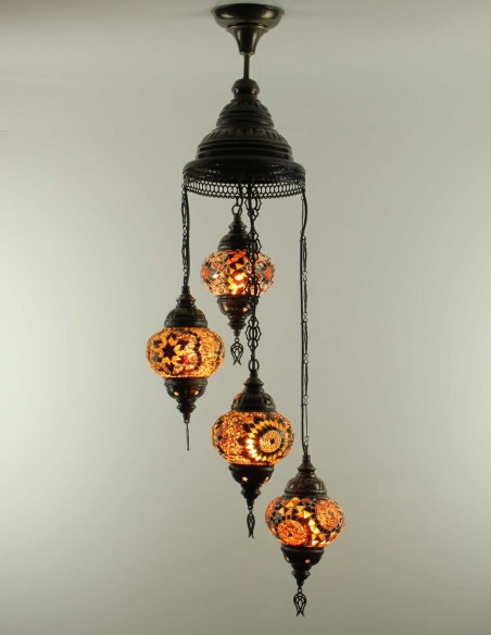 Turkish Spiral Chandelier, 4 Globes, amber and brown