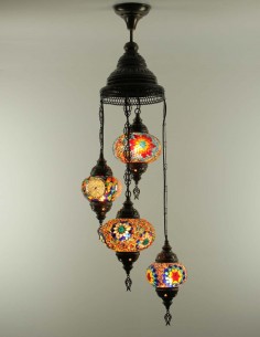 Lustre turc en spirale, 4 globes rouge, ambre et bleu