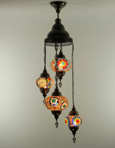 Lustre turc en spirale, 4 globes rouge, ambre...