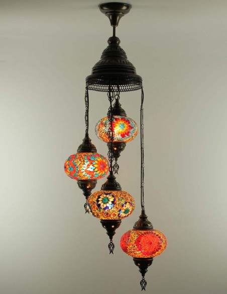 Lustre turc en spirale, 4 globes aux tons rouges et orangés