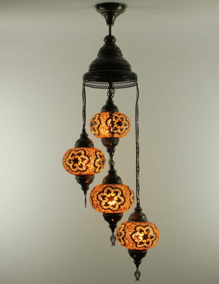 Lustre turc en spirale, 4 globes orange et brun