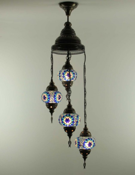 Turkish Spiral Chandelier, 4 Globes, dark blue and white