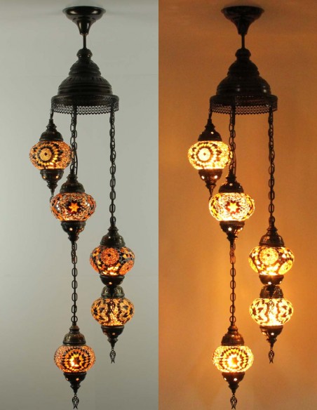 Lustre turc en spirale, 5 globes ambre et orange
