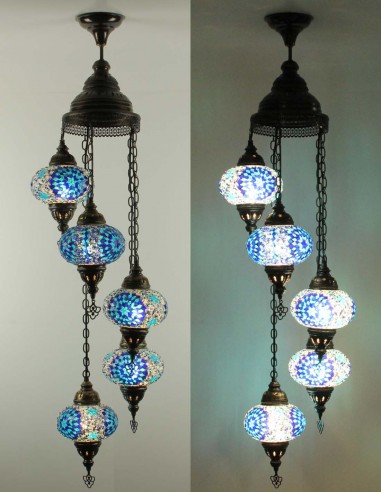 Turkish Spiral Chandelier, 5 Globes, blue and...