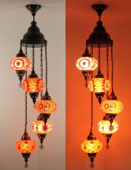 Lustre turc en spirale, 5 globes rouge et ambre