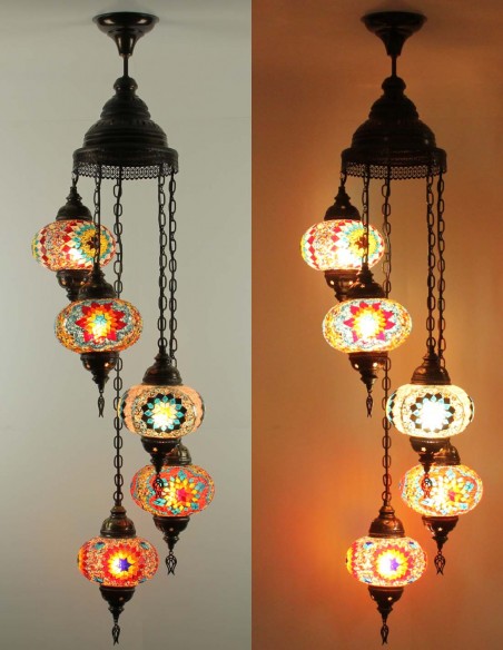 Lustre turc en spirale, 5 globes multicolore, modèle A