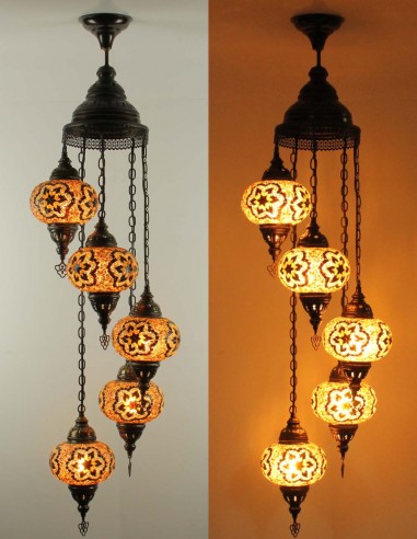 Turkish Spiral Chandelier, 5 Globes, amber with...