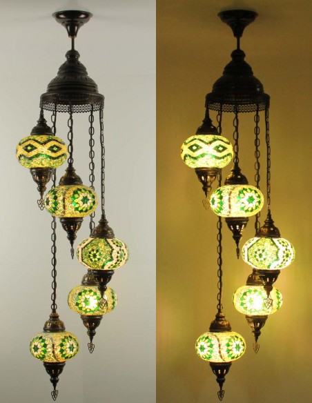 Lustre turc en spirale, 5 globes vert, modèle B