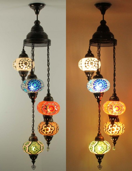 Turkish Spiral Chandelier, 5 Globes, cream, blue, red and green