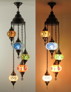 Turkish Spiral Chandelier, 5 Globes, blue, green and white
