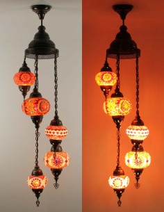 Lustre turc en spirale, 5 globes rouge et rose