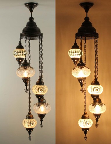 Lustre turc en spirale, 5 globes blanc, modèle B