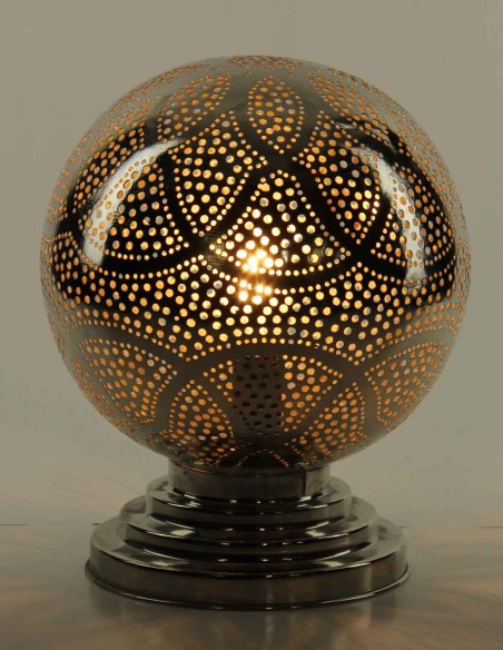 Moroccan Silver Copper Round Table Lamp PT, 10.5 in
