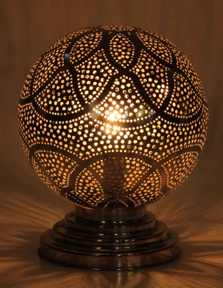 Moroccan Silver Copper Round Table Lamp PT, 10.5 in